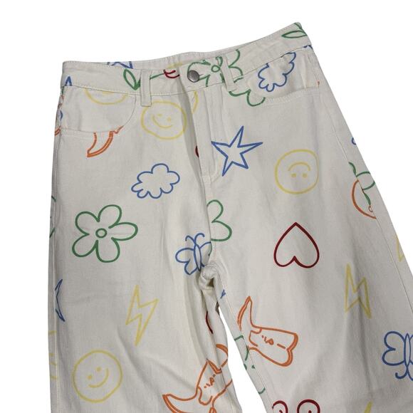 Princess Polly Emerson Pants Peace Love Ecru Doodle Size 6 - Picture 2 of 7